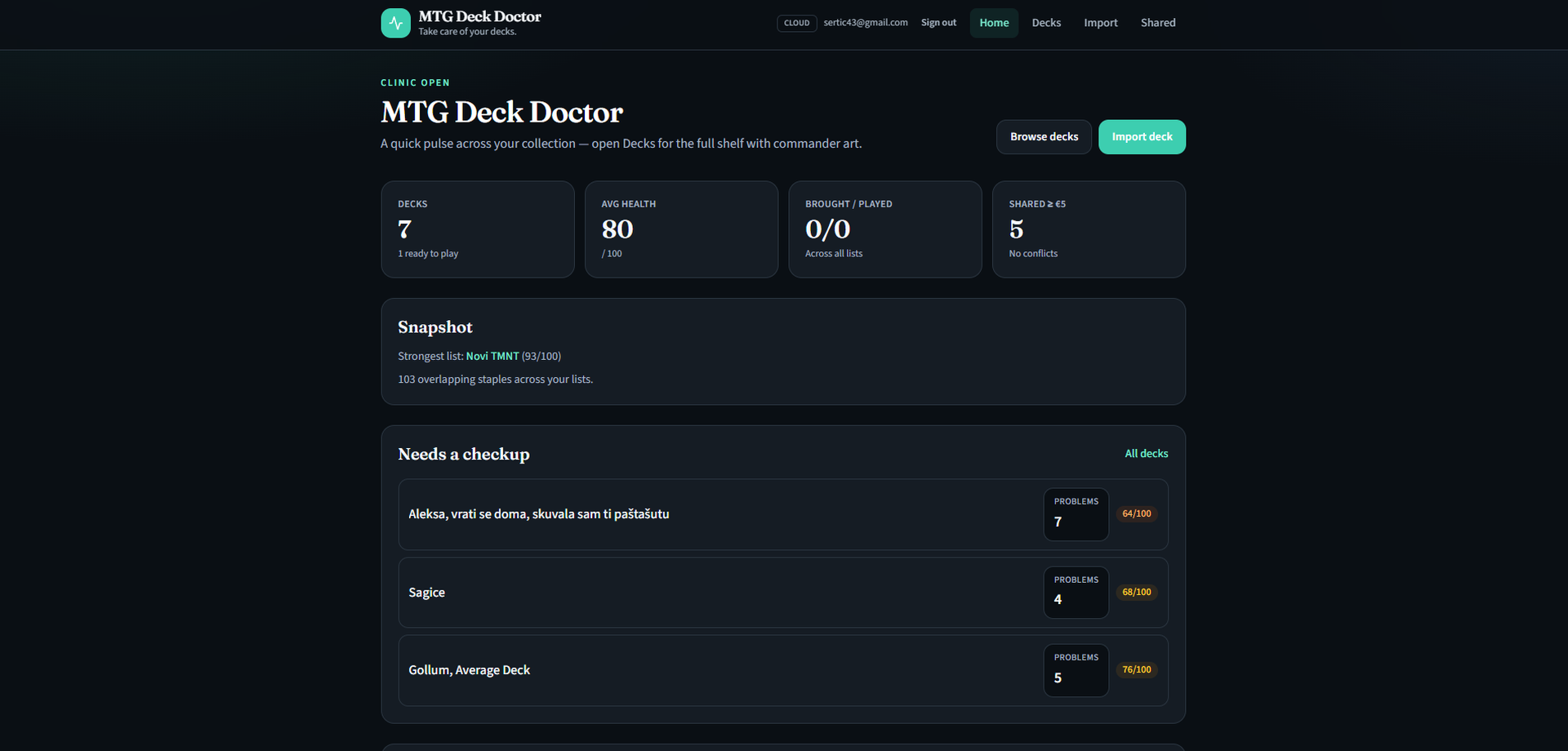 MTG Deck Doctor — home overview