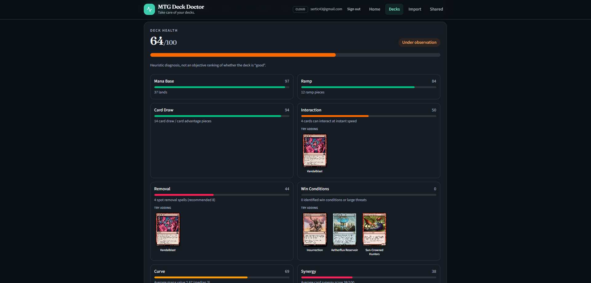 MTG Deck Doctor — health metrics